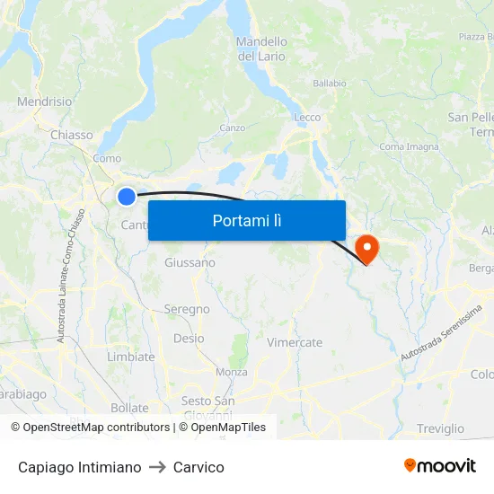 Capiago Intimiano to Carvico map