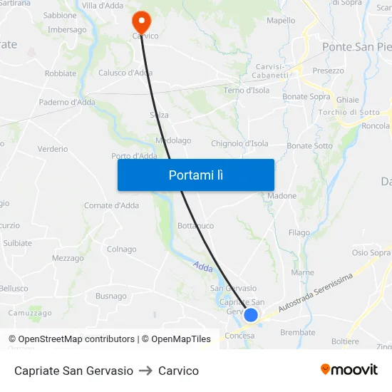 Capriate San Gervasio to Carvico map