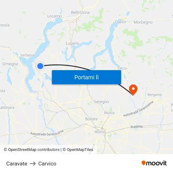 Caravate to Carvico map