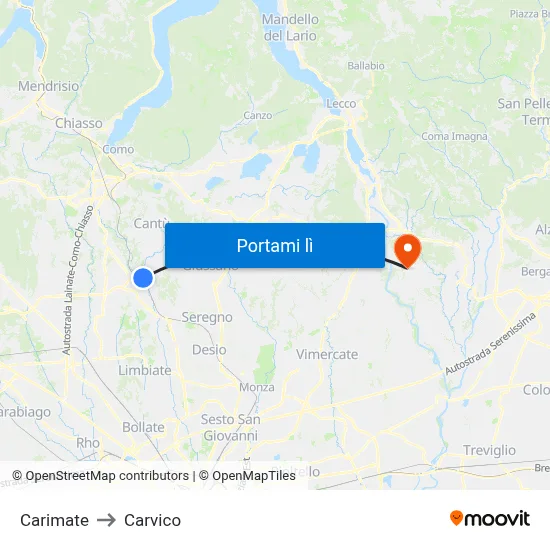 Carimate to Carvico map