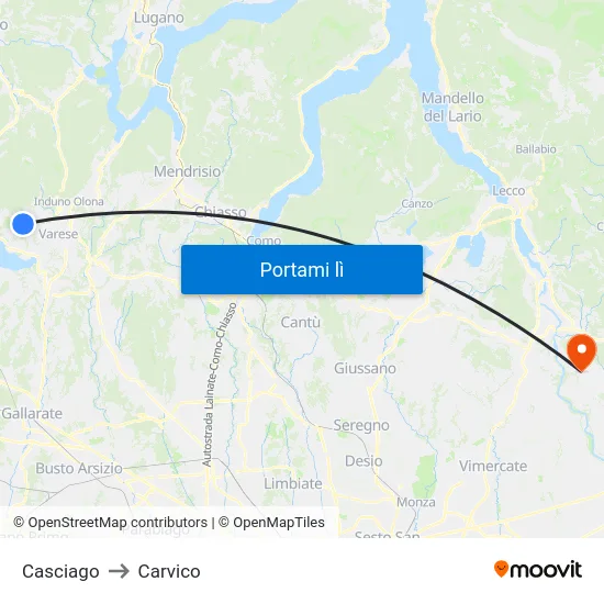 Casciago to Carvico map