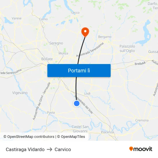 Castiraga Vidardo to Carvico map