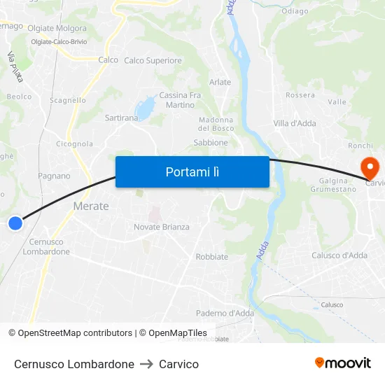 Cernusco Lombardone to Carvico map