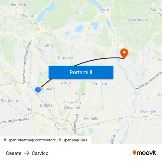 Cesate to Carvico map