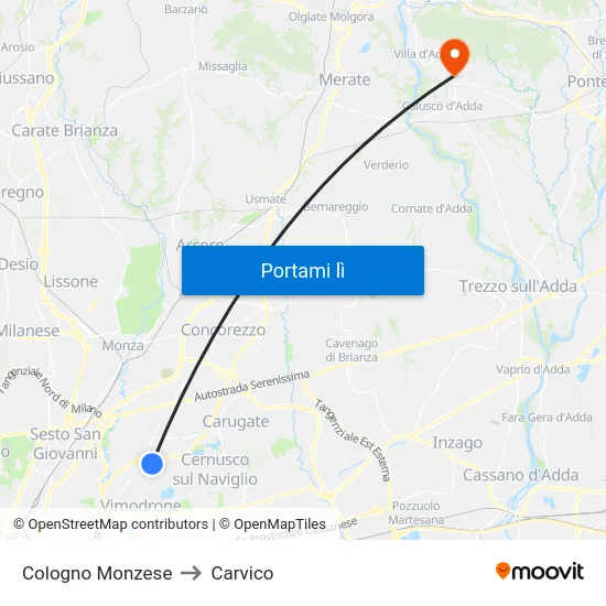 Cologno Monzese to Carvico map