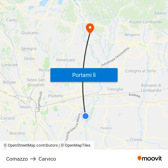 Comazzo to Carvico map