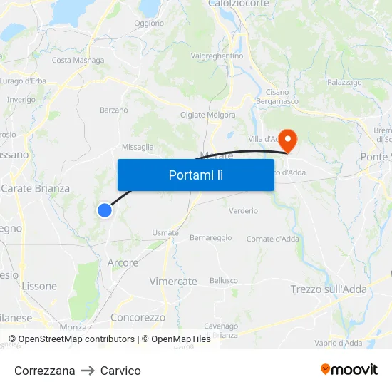 Correzzana to Carvico map