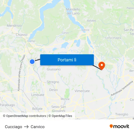 Cucciago to Carvico map
