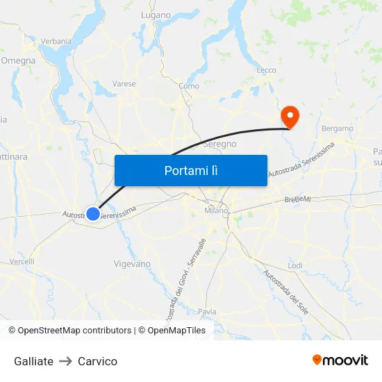 Galliate to Carvico map
