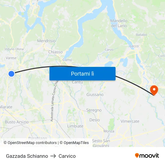 Gazzada Schianno to Carvico map