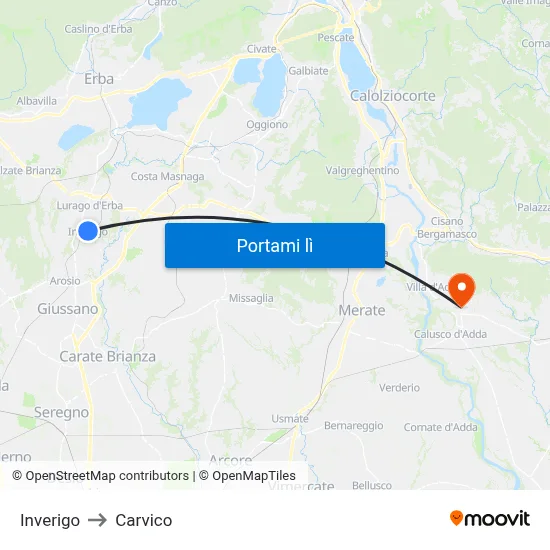 Inverigo to Carvico map