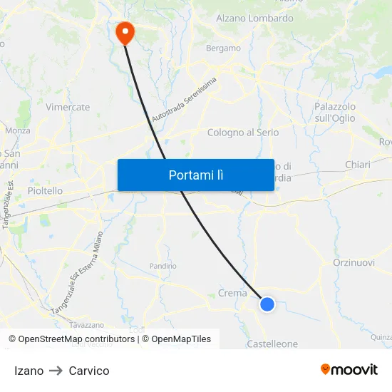 Izano to Carvico map