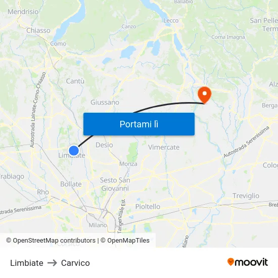 Limbiate to Carvico map