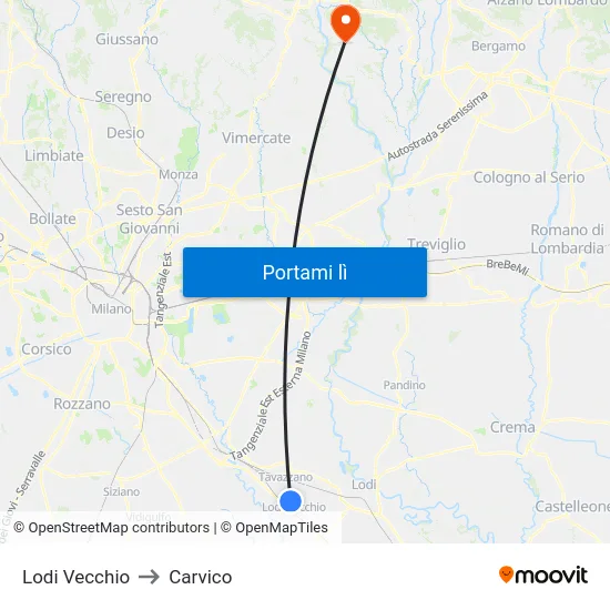 Lodi Vecchio to Carvico map