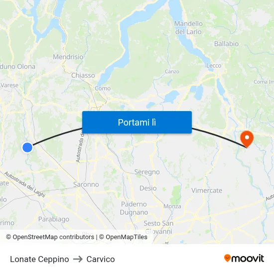 Lonate Ceppino to Carvico map