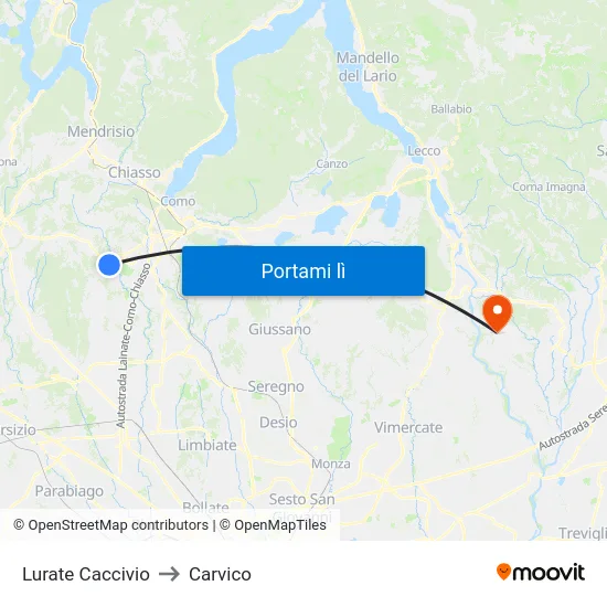 Lurate Caccivio to Carvico map