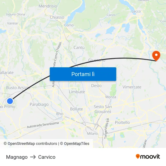 Magnago to Carvico map