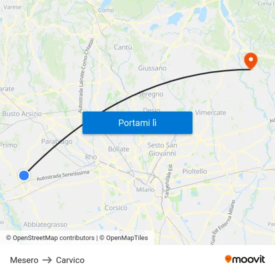 Mesero to Carvico map