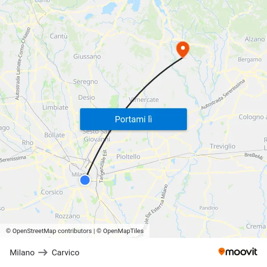 Milano to Carvico map