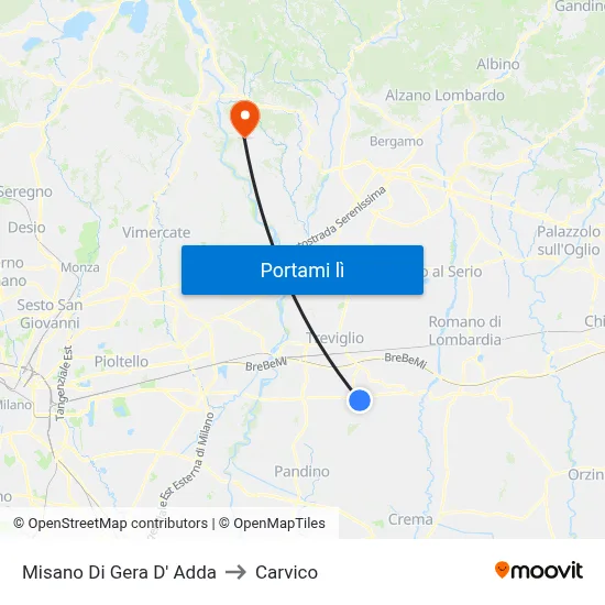 Misano Di Gera D' Adda to Carvico map