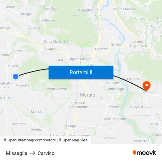 Missaglia to Carvico map