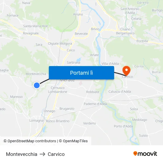 Montevecchia to Carvico map