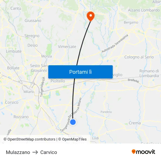 Mulazzano to Carvico map