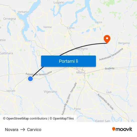 Novara to Carvico map