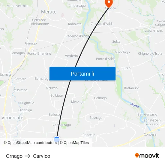 Ornago to Carvico map