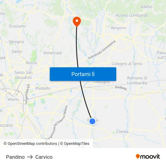 Pandino to Carvico map