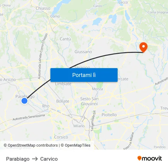 Parabiago to Carvico map