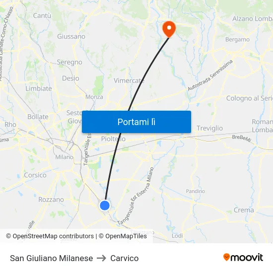 San Giuliano Milanese to Carvico map