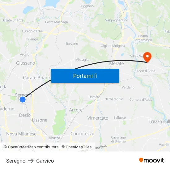 Seregno to Carvico map