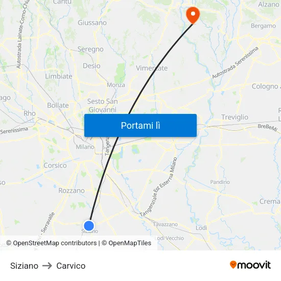 Siziano to Carvico map