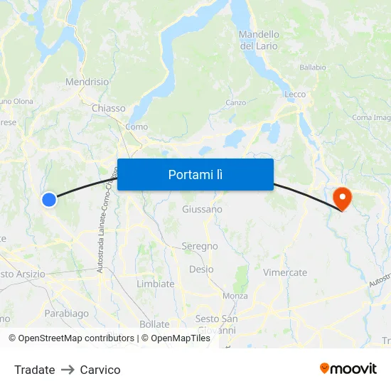 Tradate to Carvico map