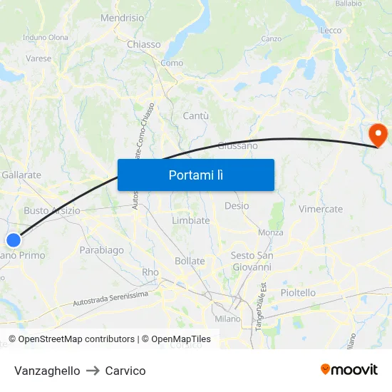 Vanzaghello to Carvico map