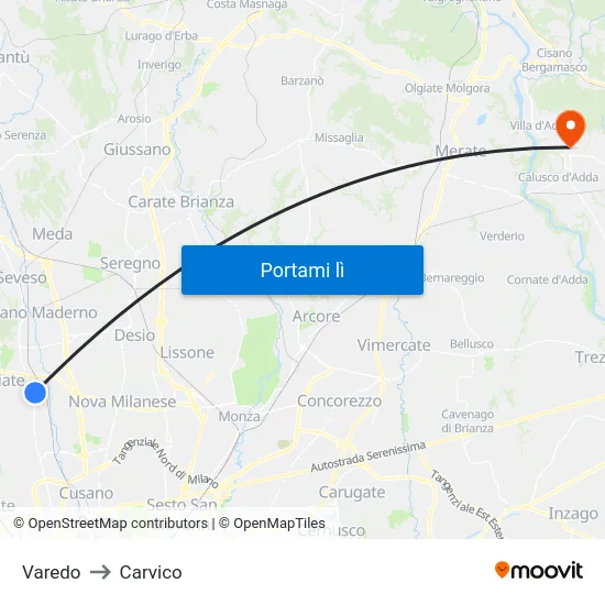 Varedo to Carvico map