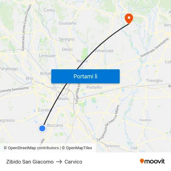 Zibido San Giacomo to Carvico map