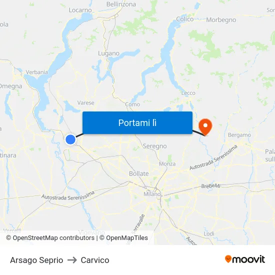 Arsago Seprio to Carvico map