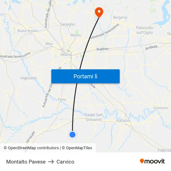 Montalto Pavese to Carvico map