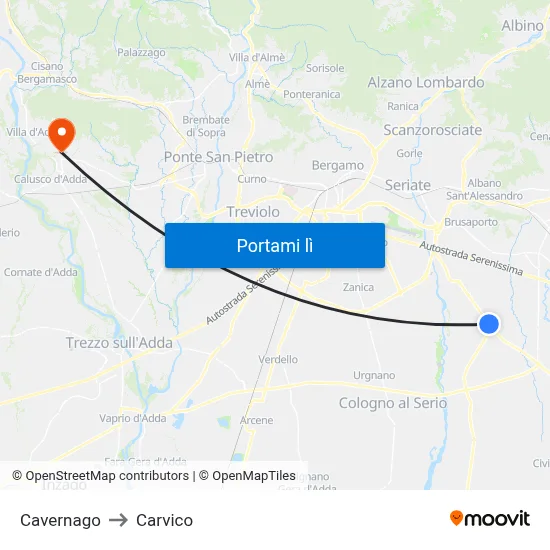 Cavernago to Carvico map
