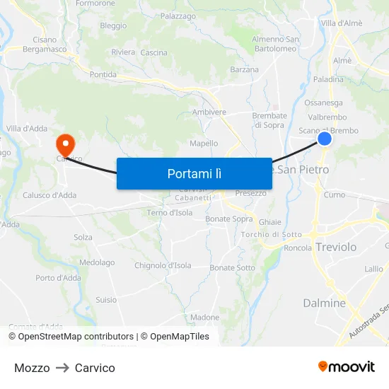 Mozzo to Carvico map