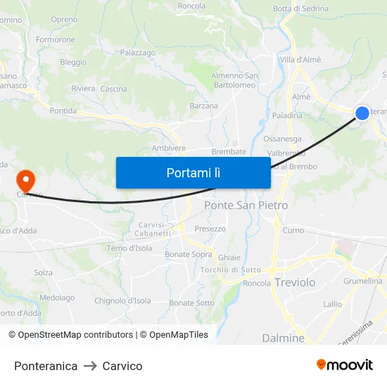 Ponteranica to Carvico map