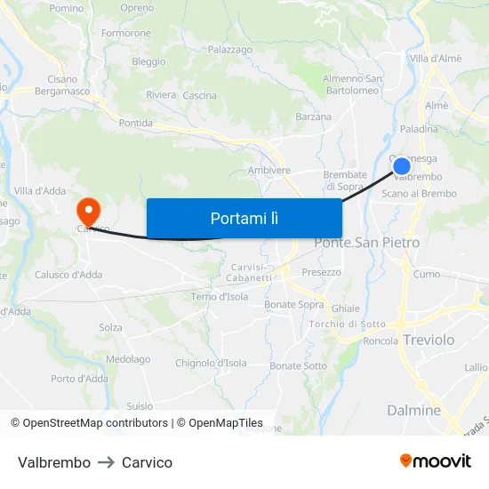 Valbrembo to Carvico map