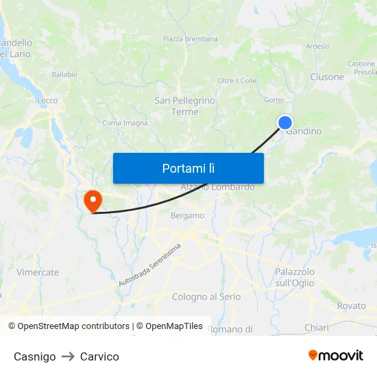 Casnigo to Carvico map
