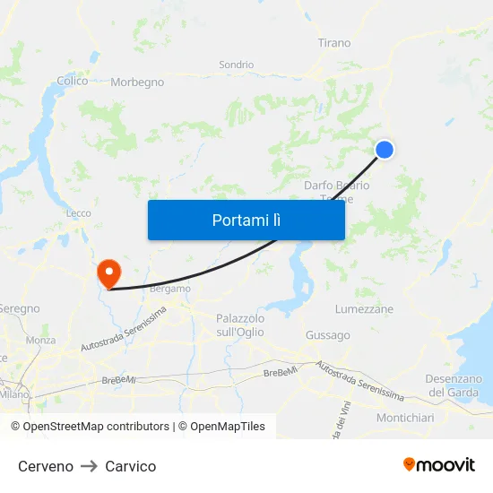 Cerveno to Carvico map