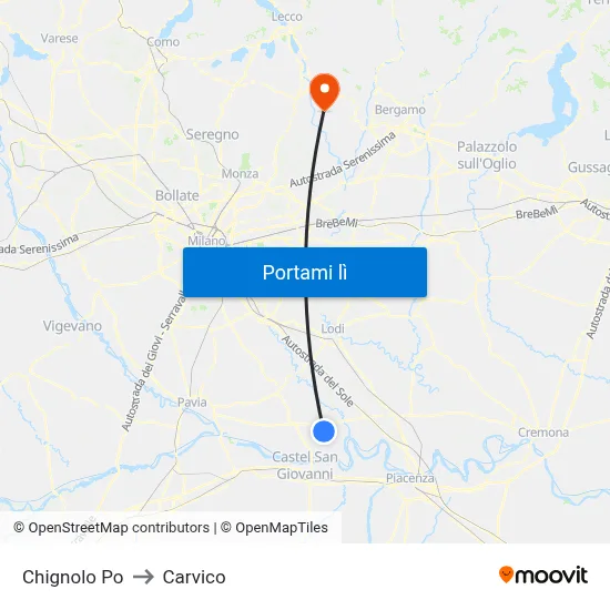 Chignolo Po to Carvico map