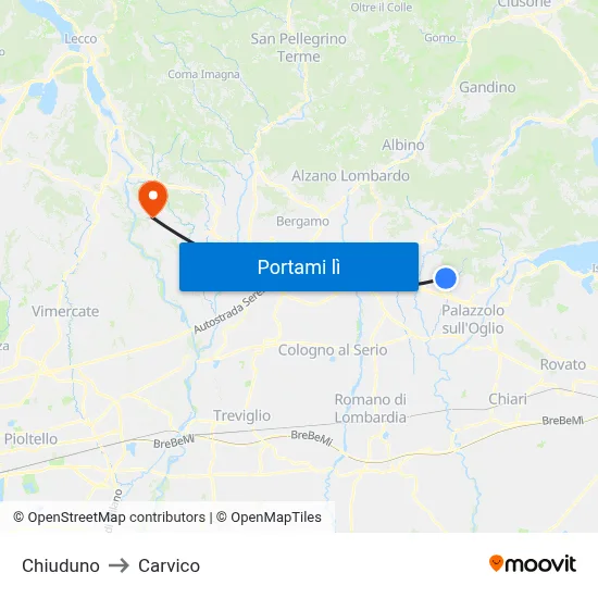 Chiuduno to Carvico map