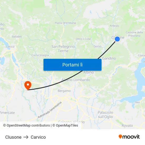 Clusone to Carvico map