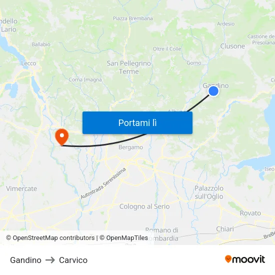 Gandino to Carvico map